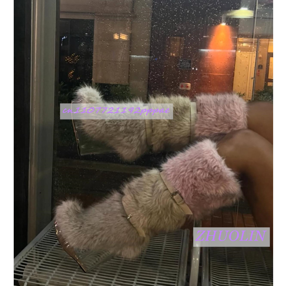 Women'S Fashion Knee High Boots - Winter Gradiënt Harige Transparante Sleehak Laarzen