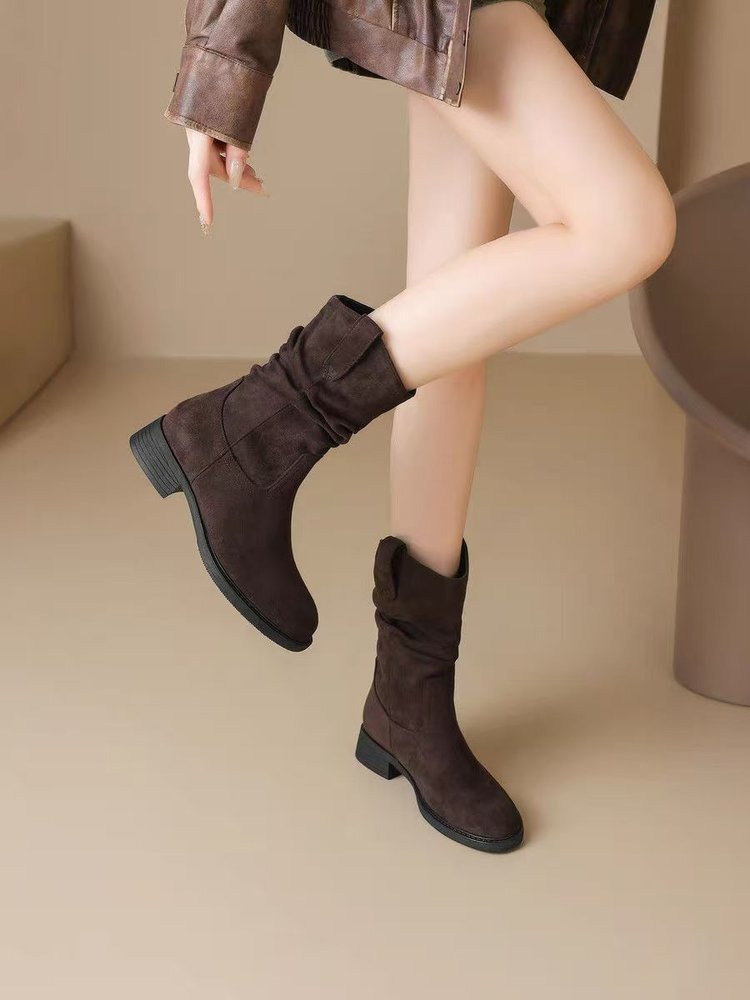 Women'S Fashion Korea - Retro Maillard-stijl, imitatie-suède, blokhak, halfhoge laarzen,