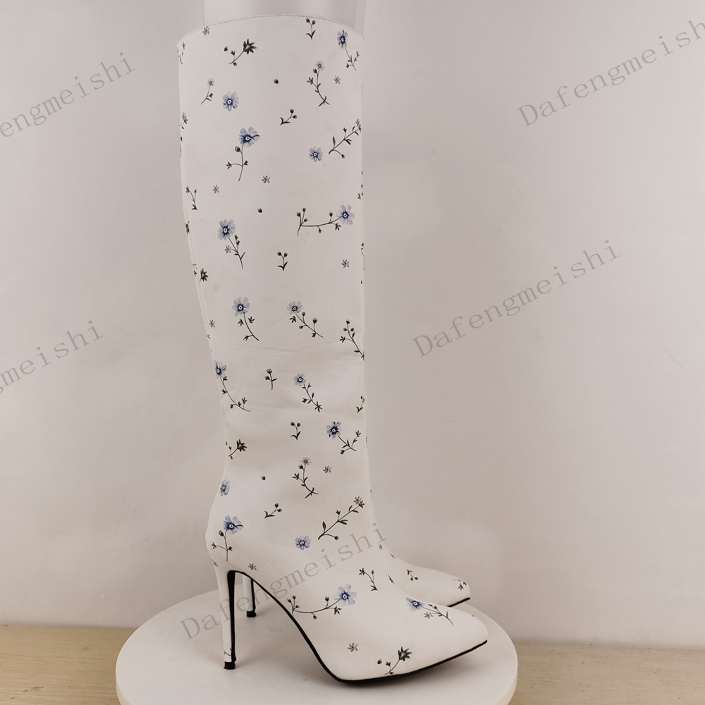 Witte bloemenprint kniehoge la - Women'S Fashion Knee High Boots recensie en prijs